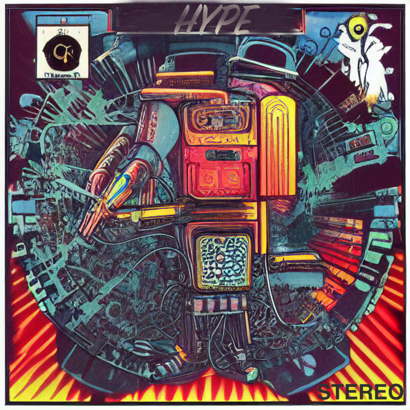 An imaginary prog-rock album cover whose theme is AI